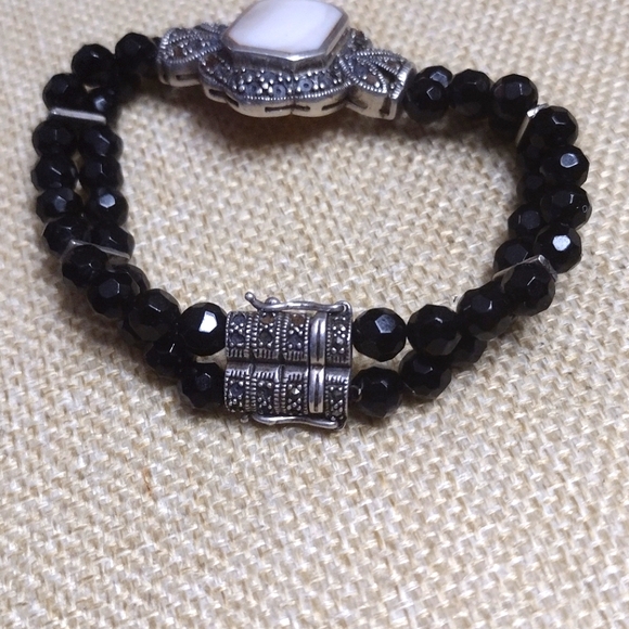 MARCHASITE  MOTHER OF PEARL OBSIDIAN DOUBLE BEADED BLACK BRACELET - Picture 2 of 9